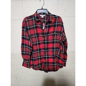 NWT The Boyfriend  Shirt Old Navy Plaid 100% Red  Tartan Long Sleeves  M Woman’s